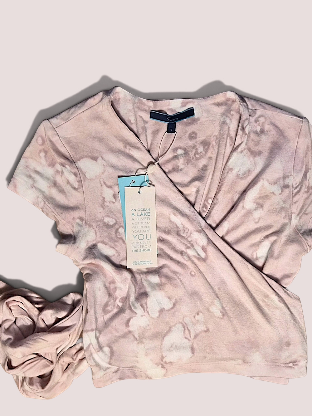 Shore pink and white tie-dye short sleeve wrap top
